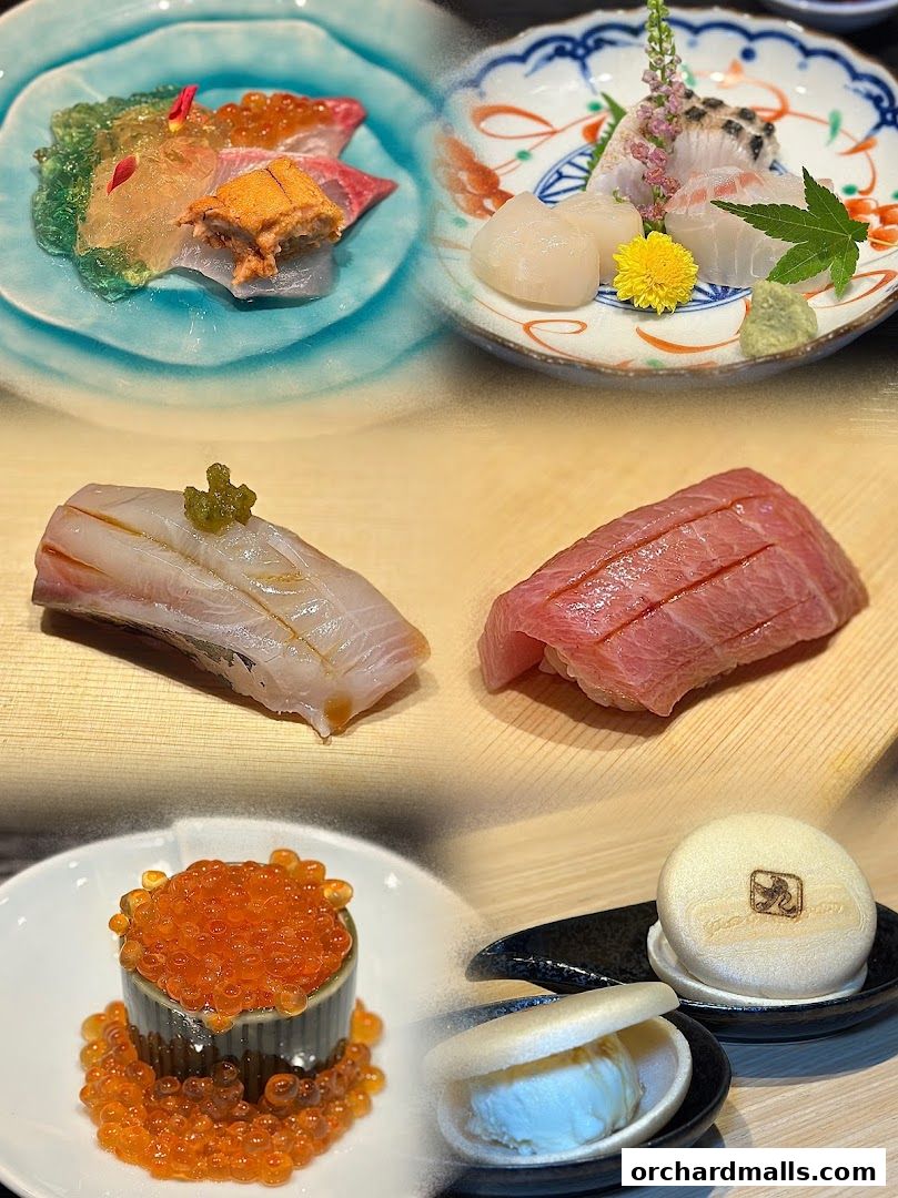 A collage of exquisite sushi and dessert dishes, showcasing fresh ingredients and artistic presentation.