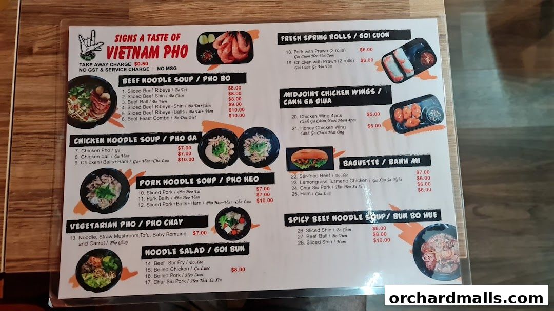 Menu page for Signs A Taste of Vietnam Pho