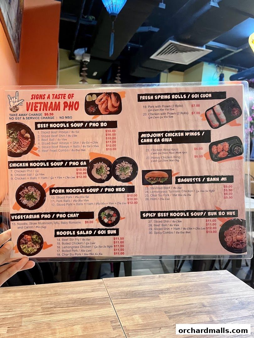 Menu page for Signs A Taste of Vietnam Pho