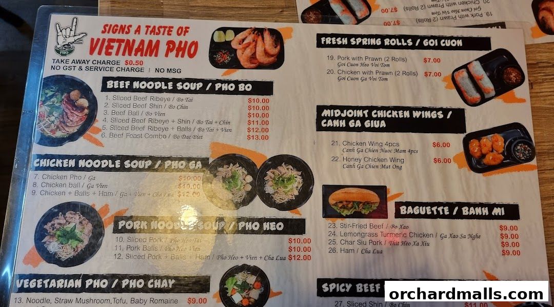 Menu page for Signs A Taste of Vietnam Pho