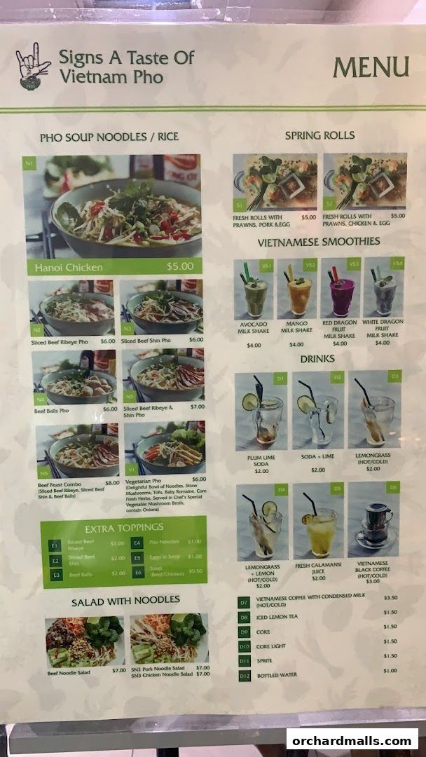 Menu page for Signs A Taste of Vietnam Pho