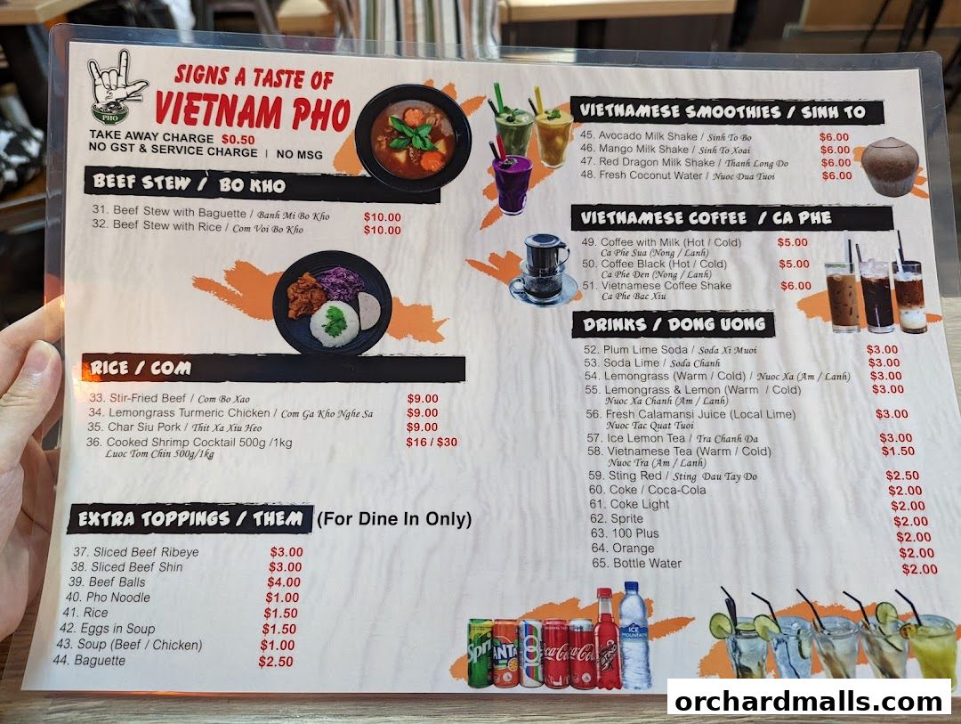 Menu page for Signs A Taste of Vietnam Pho