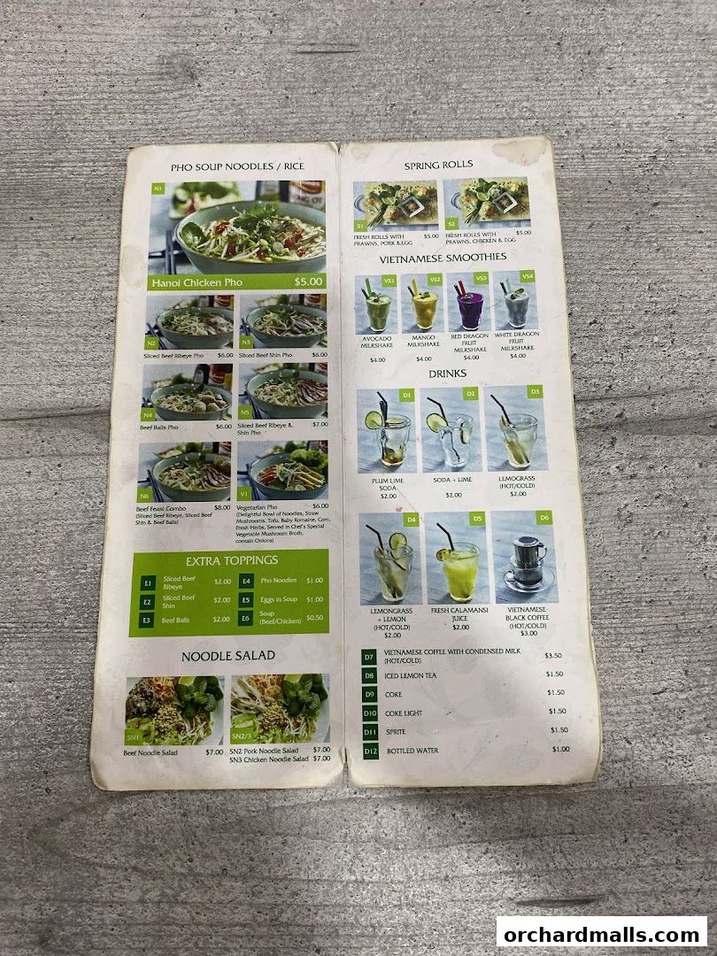 Menu page for Signs A Taste of Vietnam Pho