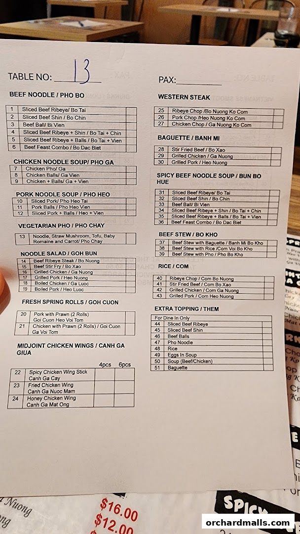 Menu page for Signs A Taste of Vietnam Pho