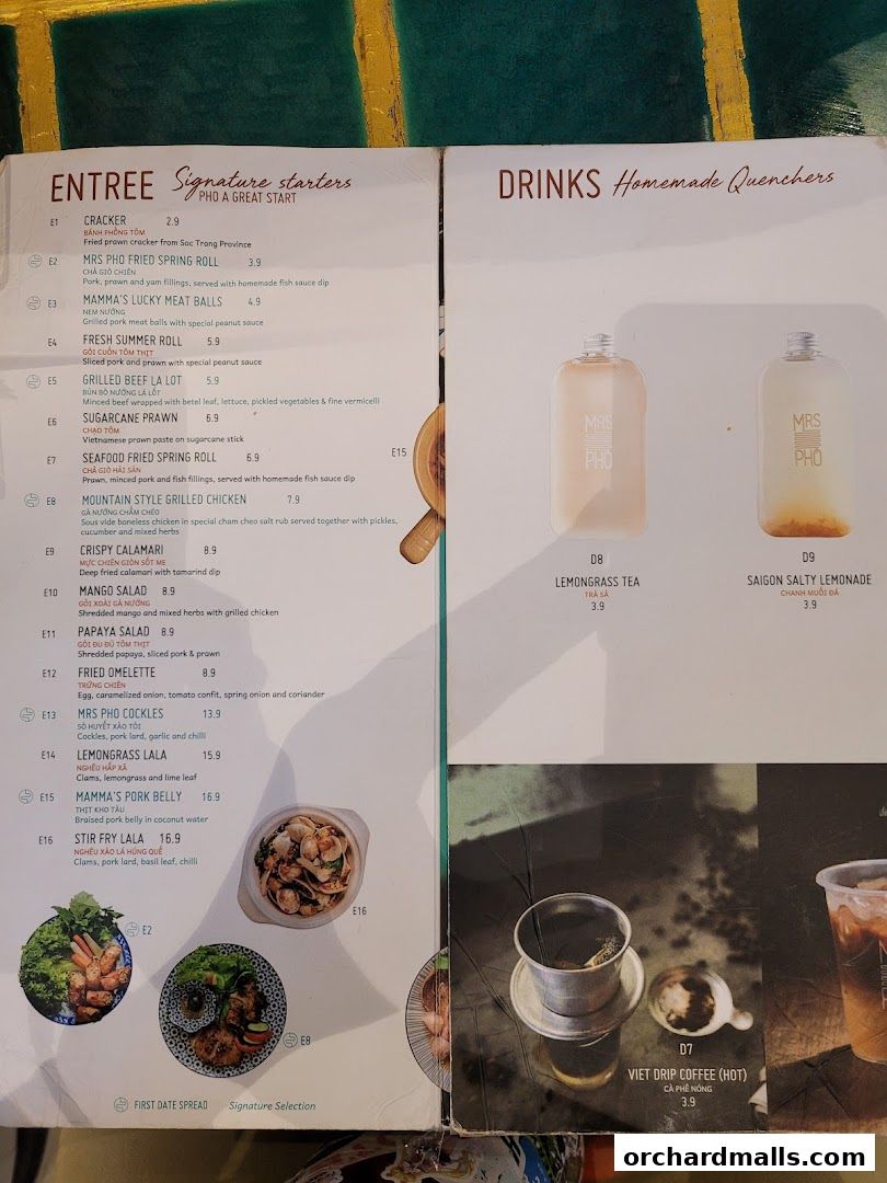 Menu page for Signs A Taste of Vietnam Pho