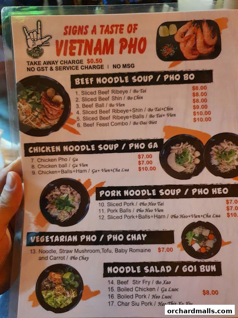 Menu page for Signs A Taste of Vietnam Pho