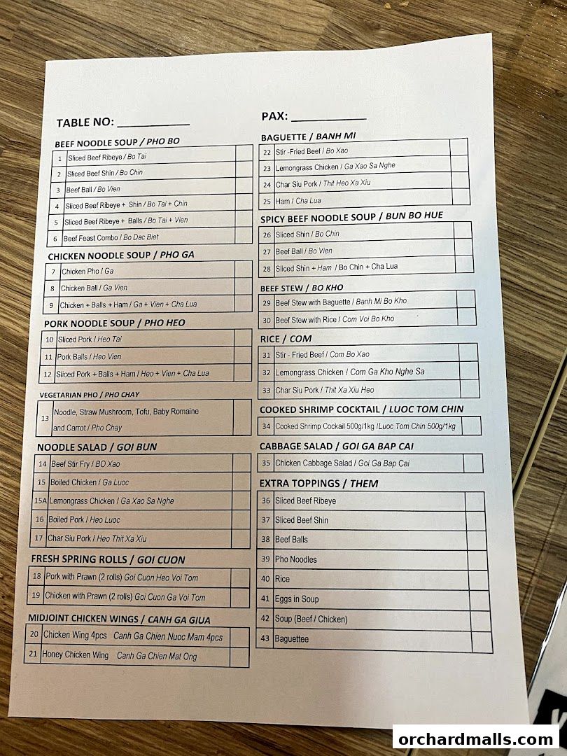 Menu page for Signs A Taste of Vietnam Pho