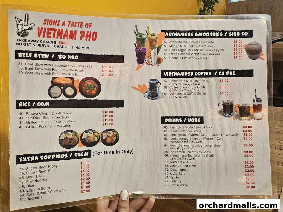 Menu page for Signs A Taste of Vietnam Pho