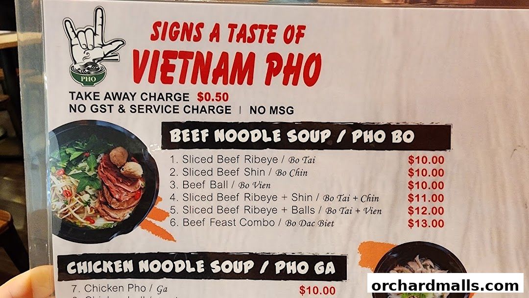 Menu page for Signs A Taste of Vietnam Pho