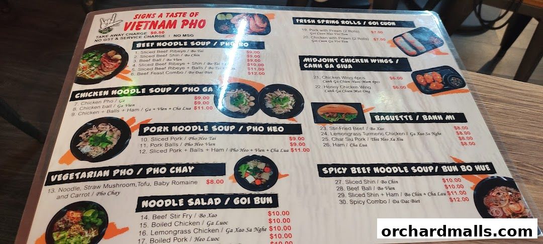 Menu page for Signs A Taste of Vietnam Pho