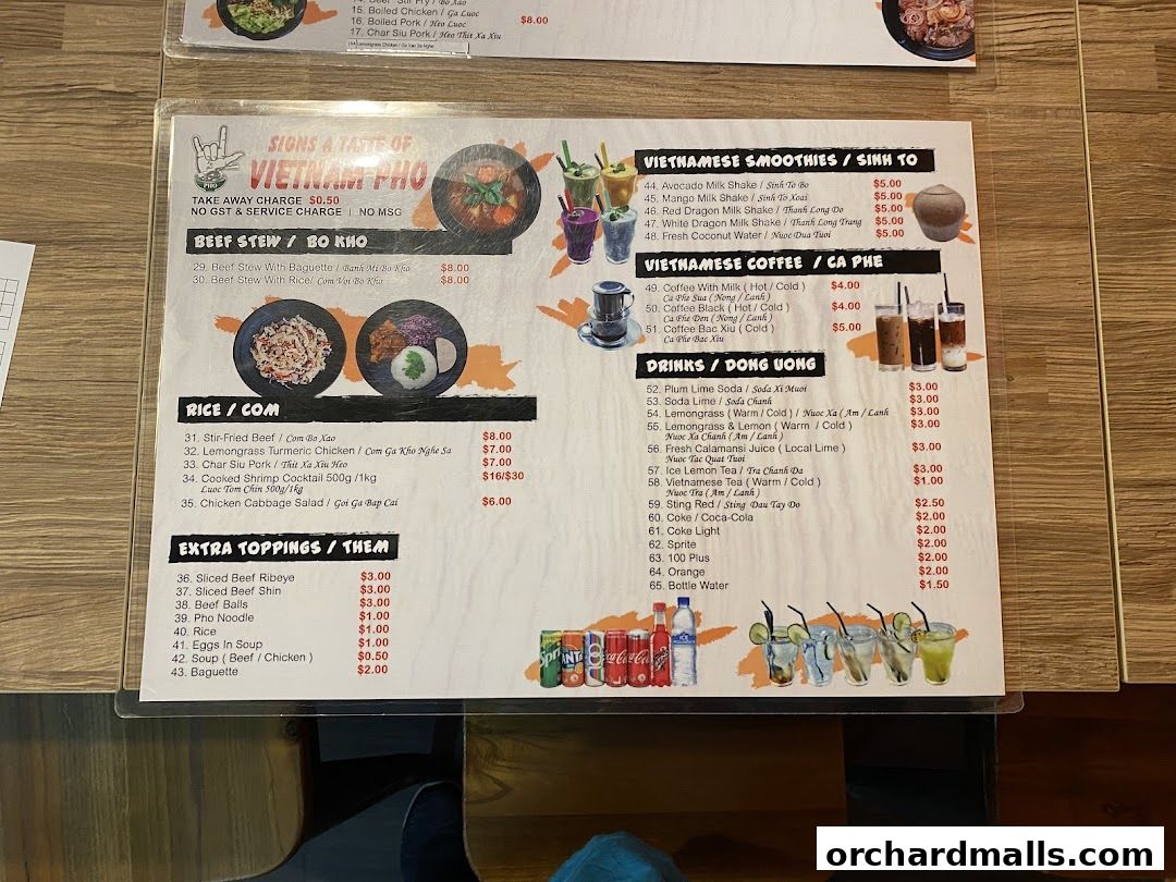 Menu page for Signs A Taste of Vietnam Pho