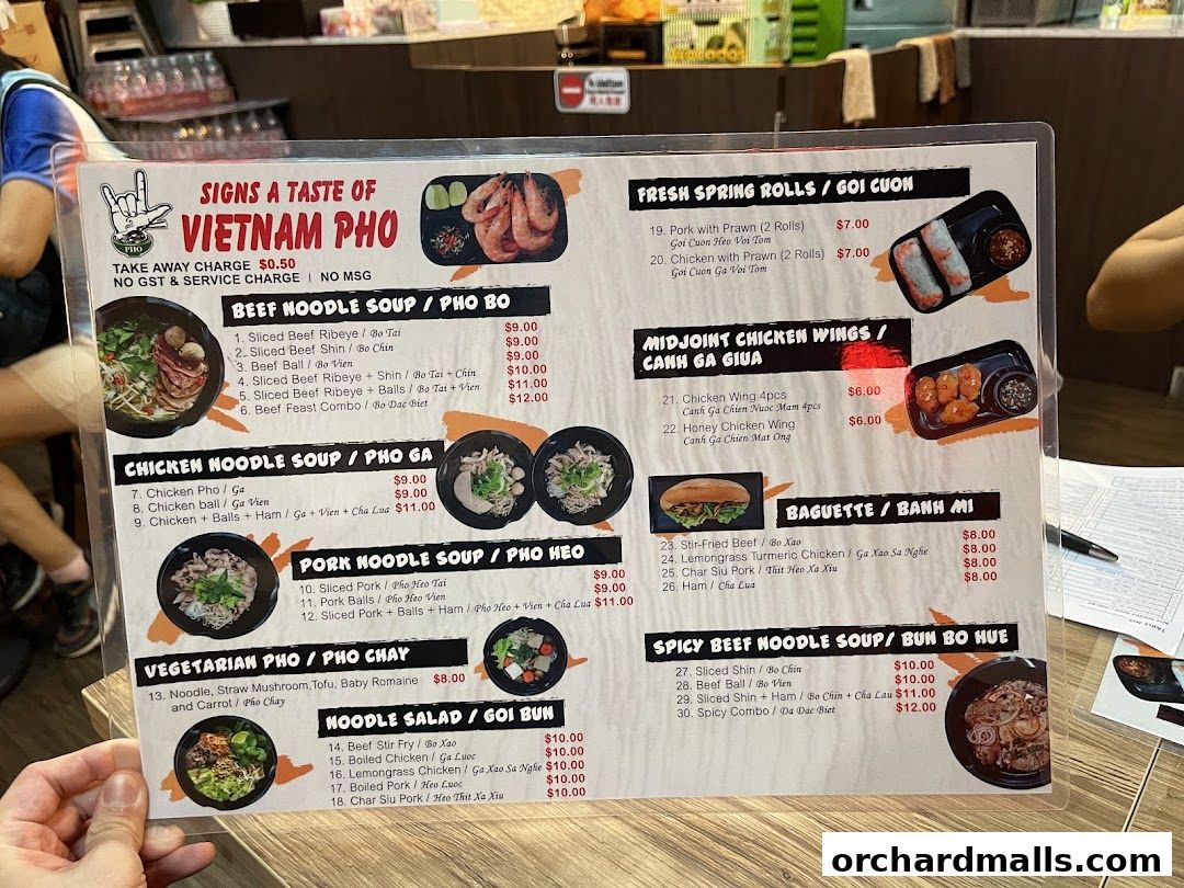 Menu page for Signs A Taste of Vietnam Pho