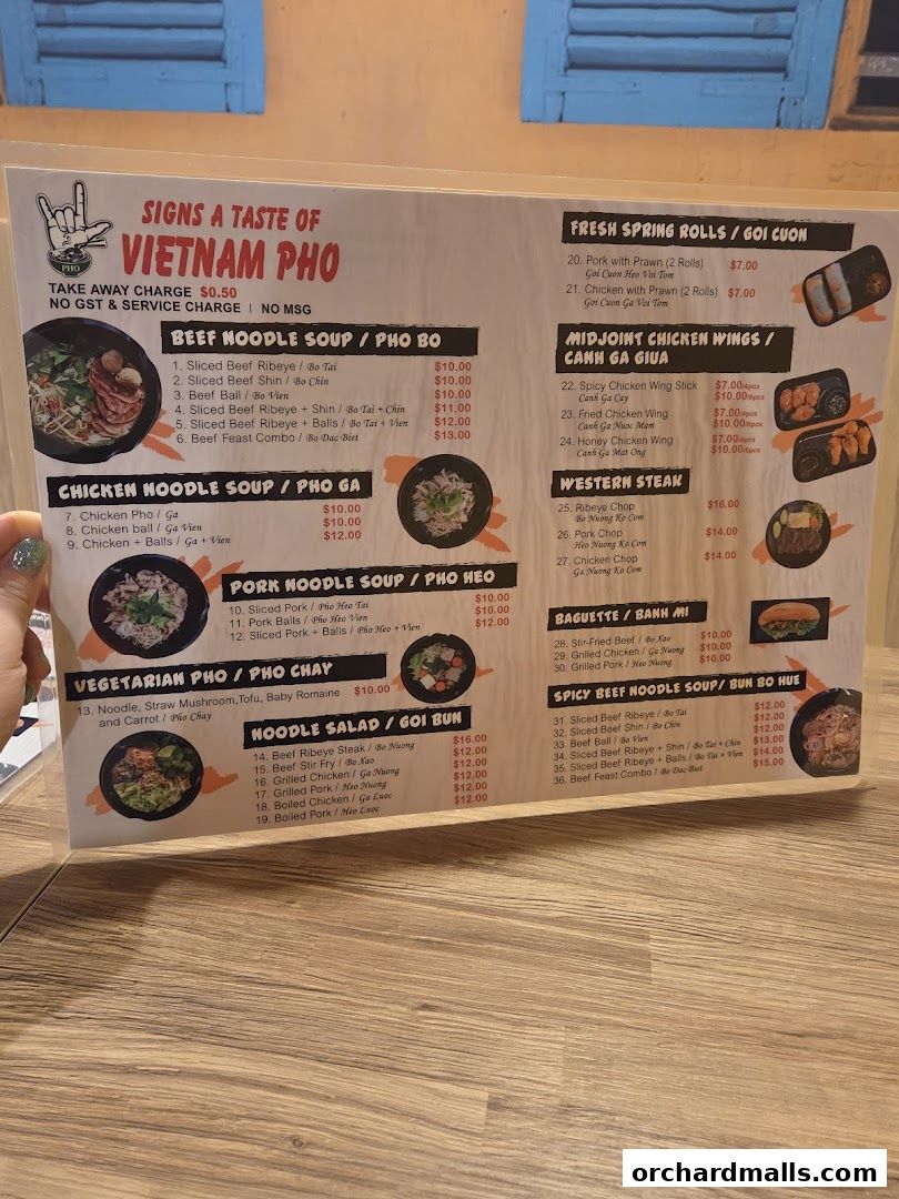 Menu page for Signs A Taste of Vietnam Pho