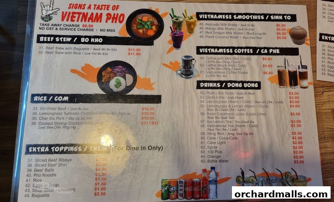 Menu page for Signs A Taste of Vietnam Pho
