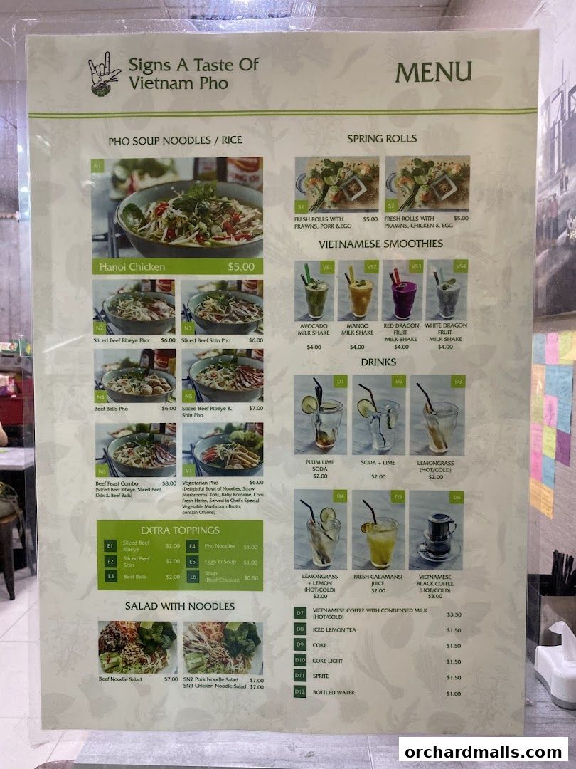 Menu page for Signs A Taste of Vietnam Pho
