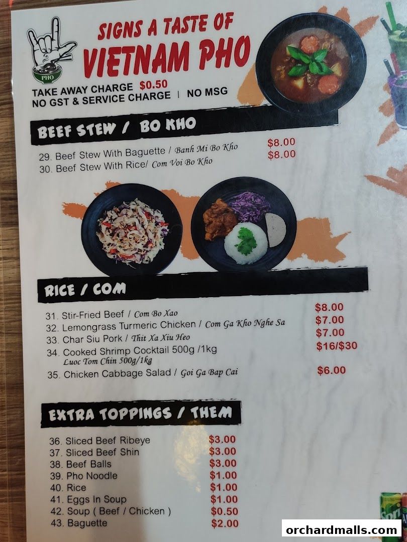Menu page for Signs A Taste of Vietnam Pho