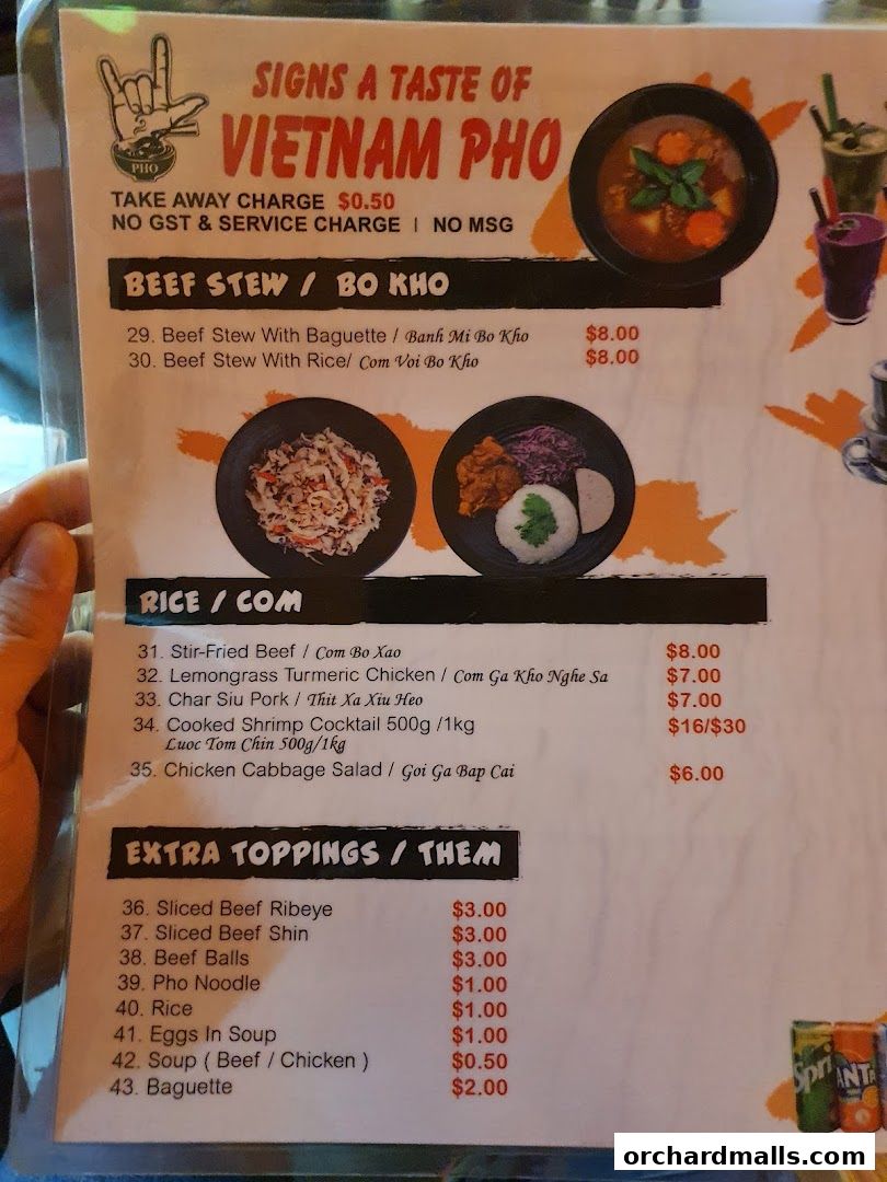Menu page for Signs A Taste of Vietnam Pho