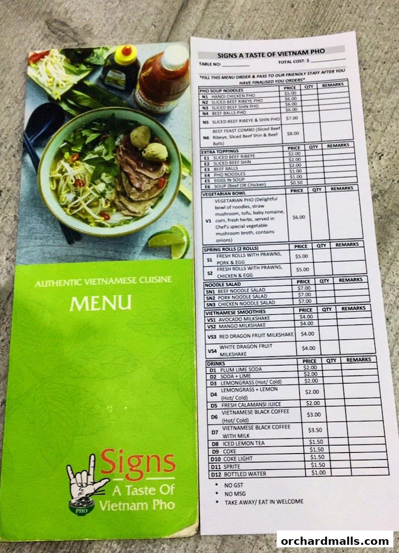 Menu page for Signs A Taste of Vietnam Pho