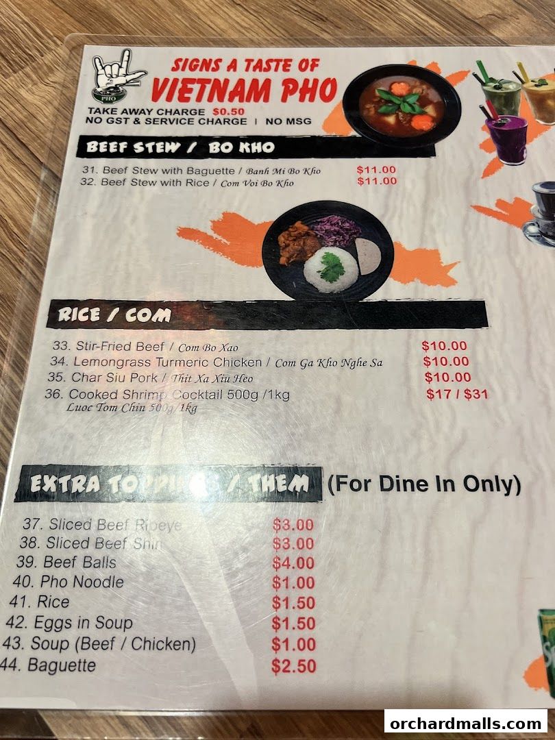 Menu page for Signs A Taste of Vietnam Pho