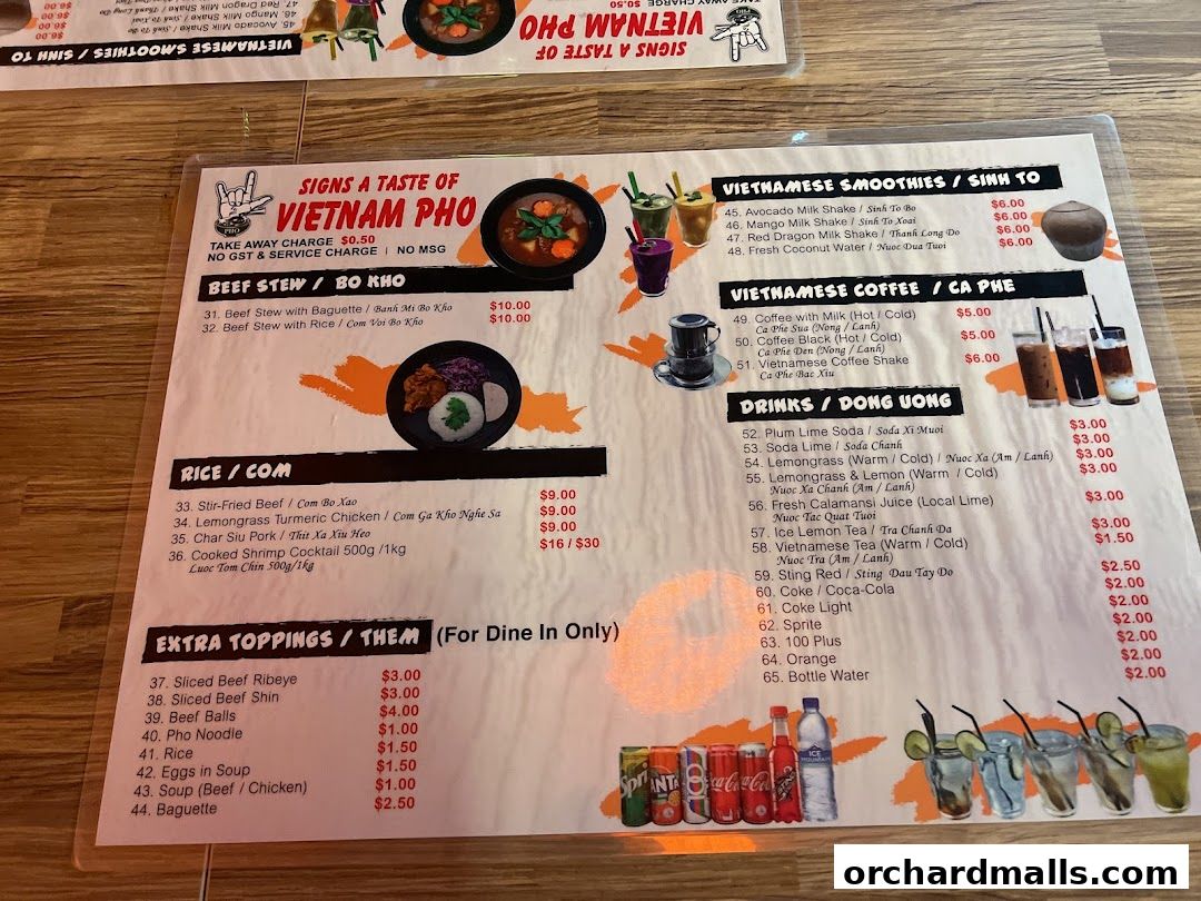 Menu page for Signs A Taste of Vietnam Pho