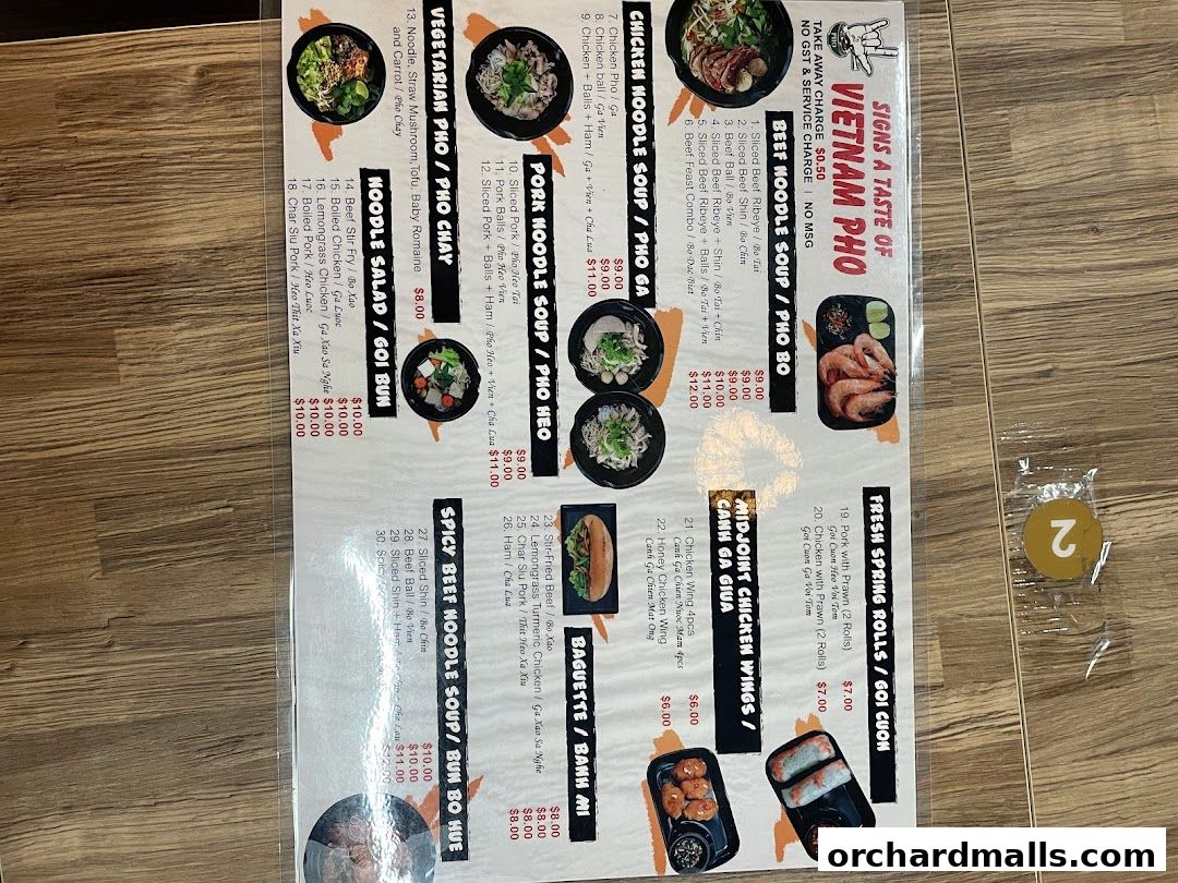 Menu page for Signs A Taste of Vietnam Pho
