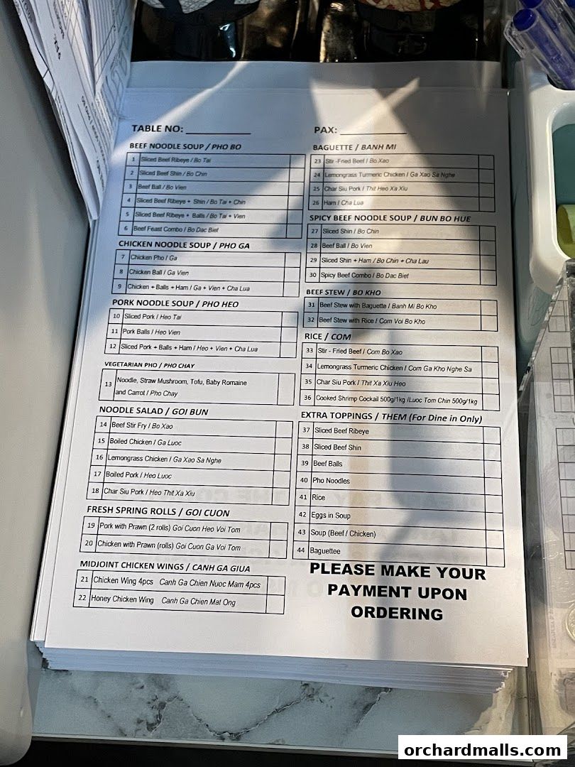 Menu page for Signs A Taste of Vietnam Pho