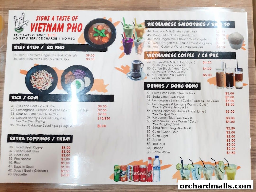 Menu page for Signs A Taste of Vietnam Pho