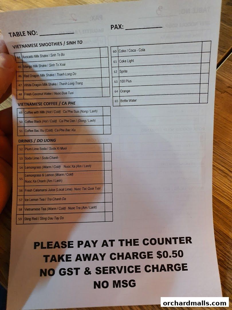 Menu page for Signs A Taste of Vietnam Pho