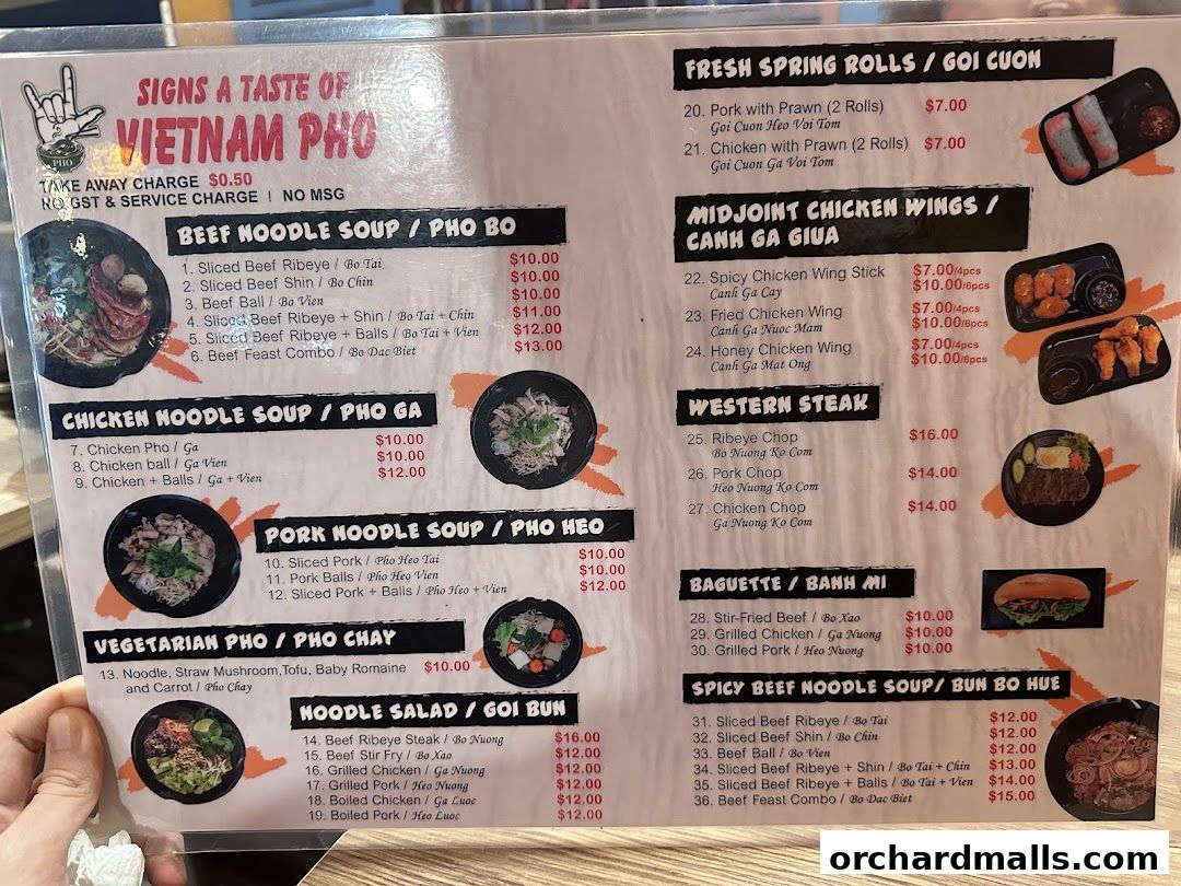 Menu page for Signs A Taste of Vietnam Pho