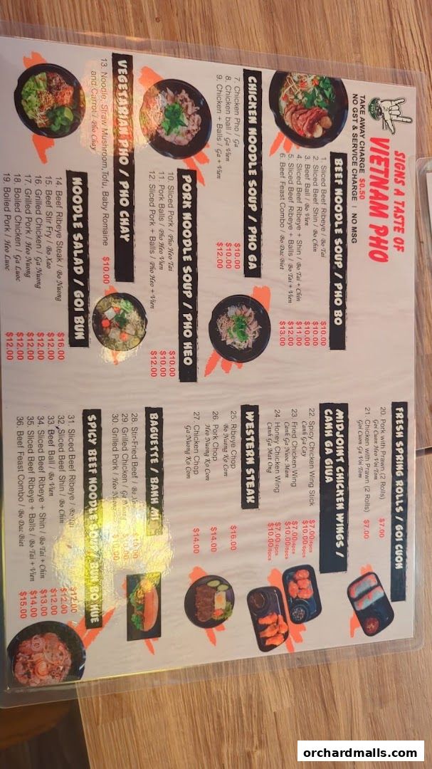 Menu page for Signs A Taste of Vietnam Pho