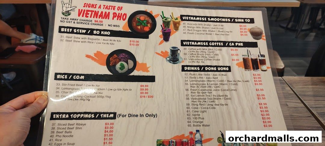 Menu page for Signs A Taste of Vietnam Pho