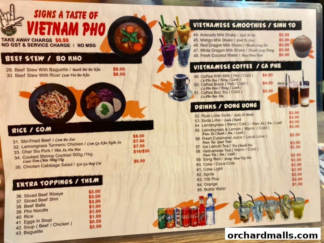 Menu page for Signs A Taste of Vietnam Pho