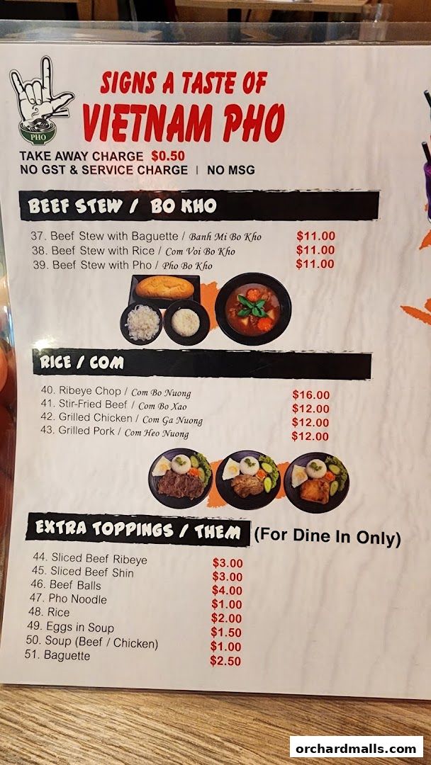 Menu page for Signs A Taste of Vietnam Pho