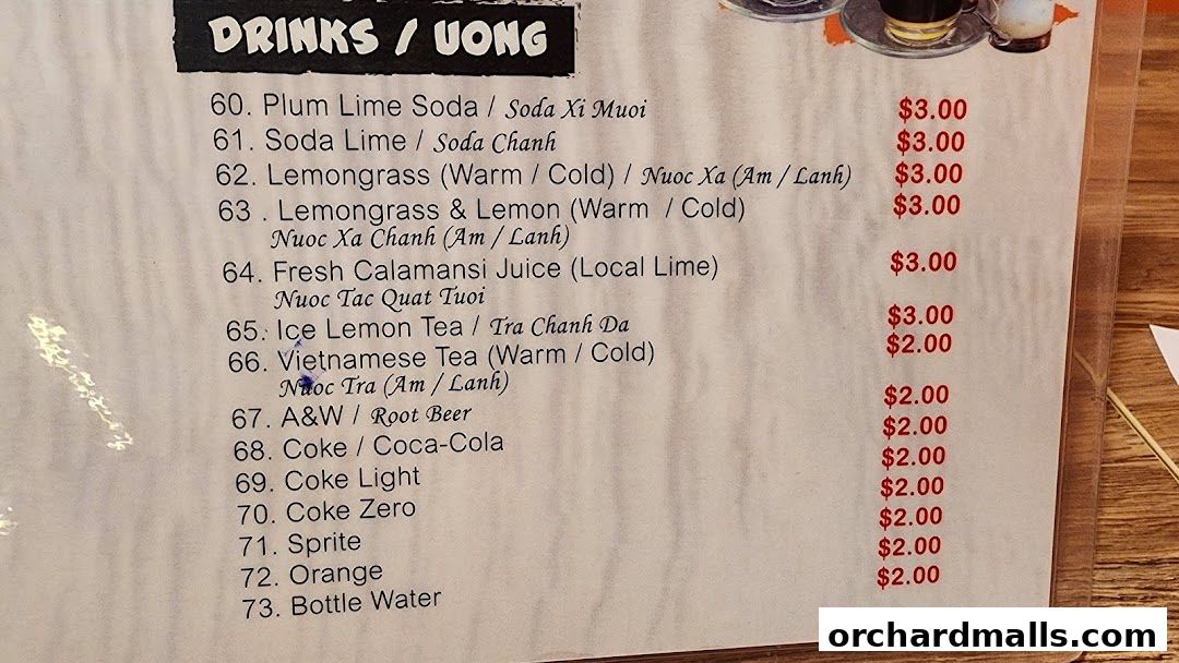 Menu page for Signs A Taste of Vietnam Pho