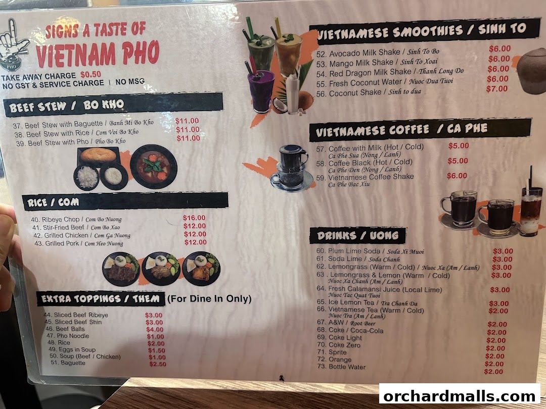 Menu page for Signs A Taste of Vietnam Pho