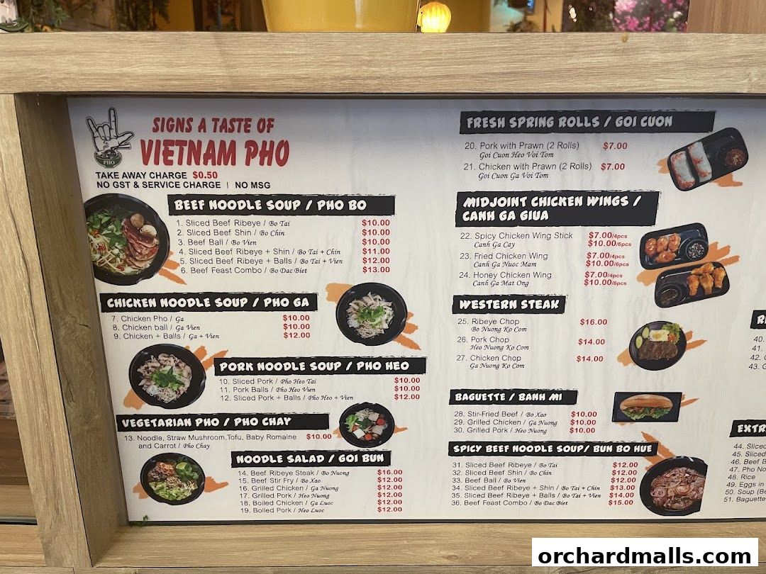 Menu page for Signs A Taste of Vietnam Pho