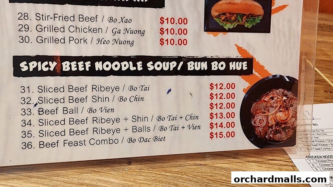 Menu page for Signs A Taste of Vietnam Pho