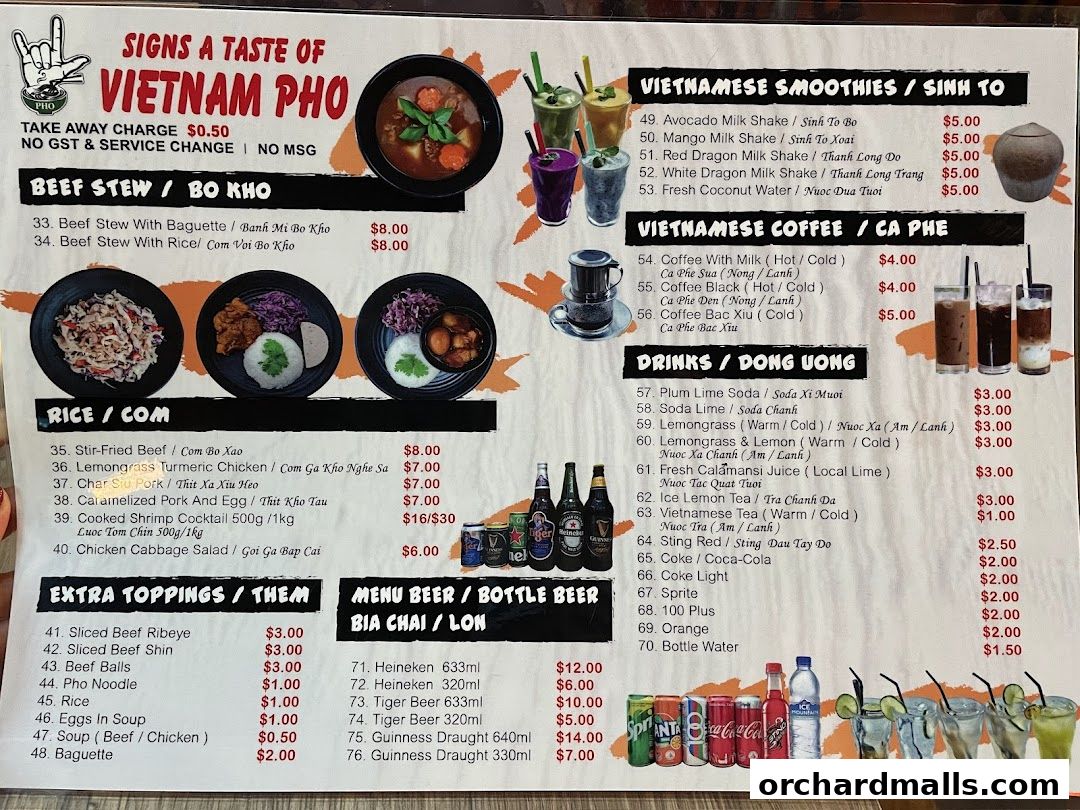 Menu page for Signs A Taste of Vietnam Pho