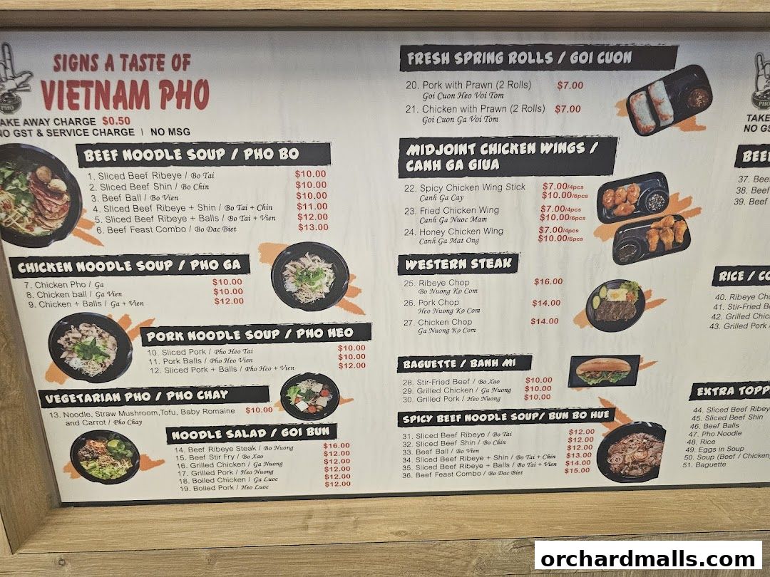 Menu page for Signs A Taste of Vietnam Pho