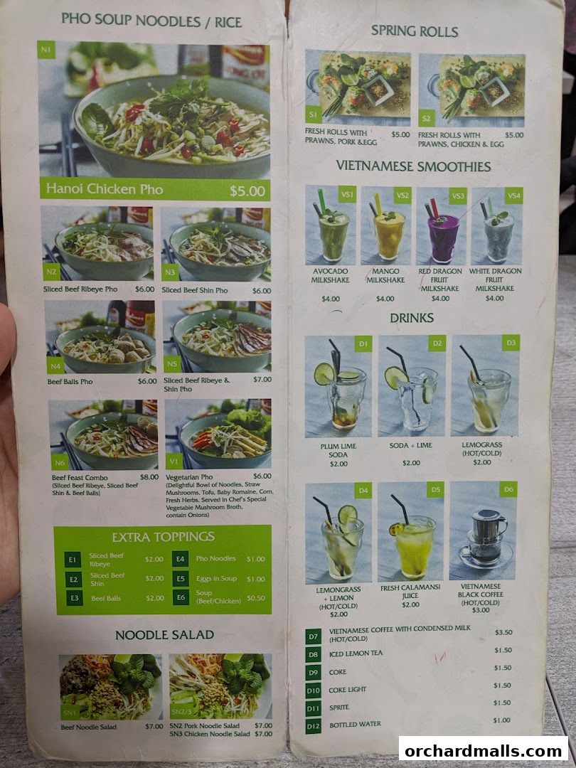 Menu page for Signs A Taste of Vietnam Pho