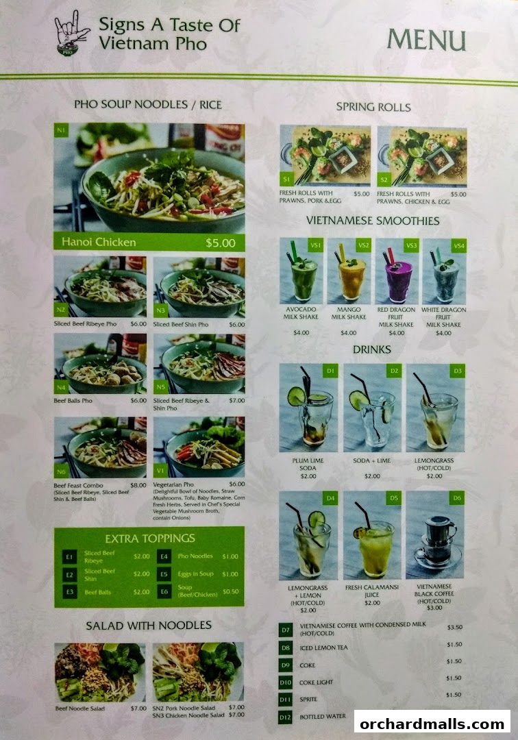 Menu page for Signs A Taste of Vietnam Pho