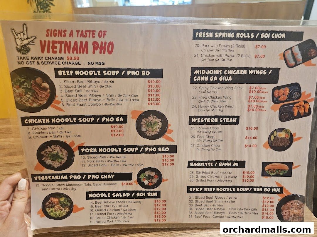 Menu page for Signs A Taste of Vietnam Pho