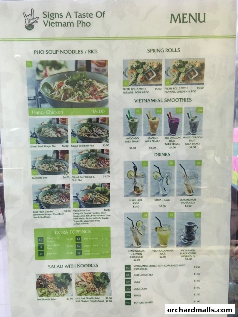 Menu page for Signs A Taste of Vietnam Pho