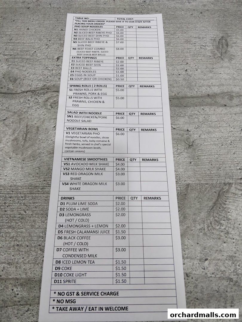 Menu page for Signs A Taste of Vietnam Pho