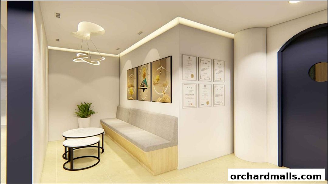 Interior waiting area of a TCM clinic with a long bench, coffee tables, and artwork.