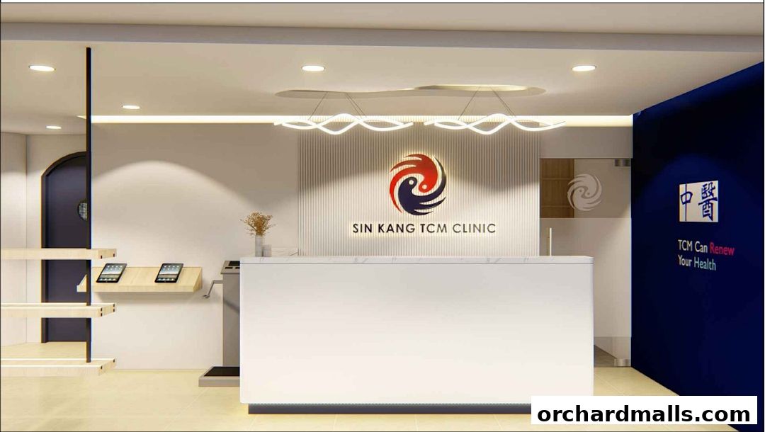 Interior reception area of Sin Kang TCM Clinic with a modern design and branding.