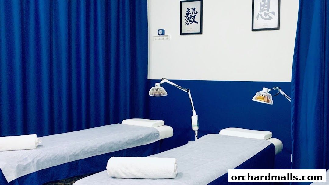 Interior of a TCM clinic with treatment beds and therapeutic lamps.