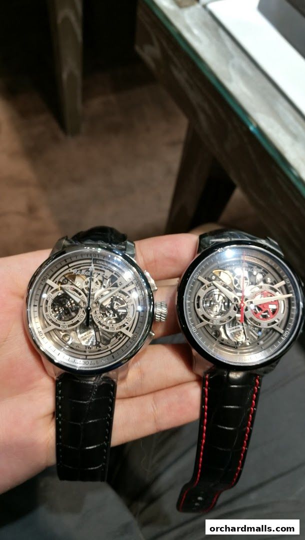 Two intricate skeleton watches with leather straps are displayed.