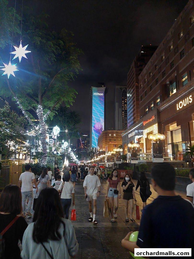 A lively street scene at night with people walking past illuminated shops and trees.