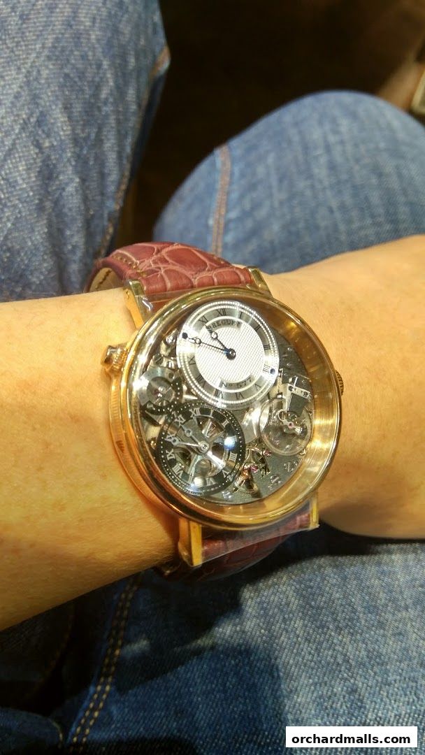 A close-up of a luxurious gold watch with a complex mechanical dial on a wrist.